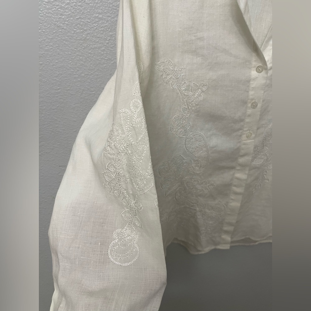 Liz Claiborne Linen Button Down Embroidered Cream Blouse Size M - Picture 9 of 11